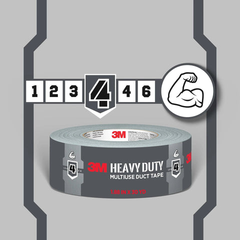 Roll of White heavy-duty duct tape 1.88 in x 45 yd, 1 roll, multi-surface sealing with strength icon and measurements displayed.