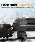Heavy Duty Lockable Ski Racks With Slick Sliding Extension For Car Roof Secure snowboard transport kit lock mechanism close-up.