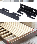 These Dang Tough Iron Bed Rail Connectors Make Assembly A Breeze Four Pack Heavy Duty Steel Brackets For Wooden Frames Headboards Footboards Easy Hook Up Fastener Hardware 3.94 Inches Long, featuring two black iron brackets on a wooden bed frame.