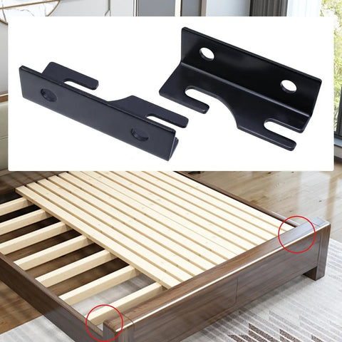 These Dang Tough Iron Bed Rail Connectors Make Assembly A Breeze Four Pack Heavy Duty Steel Brackets For Wooden Frames Headboards Footboards Easy Hook Up Fastener Hardware 3.94 Inches Long, featuring two black iron brackets on a wooden bed frame.