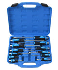 Open blue case displaying 12 Piece Magnetic Screwdriver Set With Heavy Duty Go-Thru Steel Blades, High Torque Performance, Includes 6 Phillips And 6 Flat Head Bits, Durable Case For Easy Transport, Ideal For Mechanics And DIY Projects