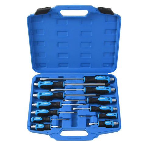 Open blue case displaying 12 Piece Magnetic Screwdriver Set With Heavy Duty Go-Thru Steel Blades, High Torque Performance, Includes 6 Phillips And 6 Flat Head Bits, Durable Case For Easy Transport, Ideal For Mechanics And DIY Projects