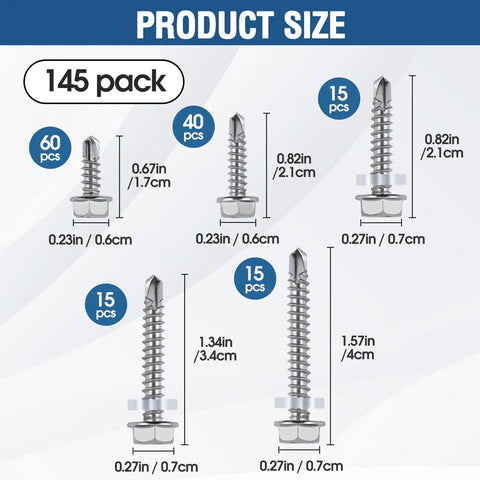 Heavy Duty 410 Stainless Self Tapping Screws Kit With Washers For Metal Wood Plastic Hex Head Self Drilling Rust Resistant Screws In Multiple Sizes For DIY Projects Roofing And More