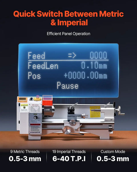 VEVOR Precision Benchtop Metal Lathe 8.7 X 18 In, Automatic Feed, 0-2500 RPM Variable Speed, 1250W Brushless Motor control panel displaying metric and imperial options.