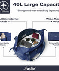 Foldable Travel Tote Bag For Women, 40L Weekender Duffel With Multiple Pockets and Luggage Sleeve, wide-mouth access, navy blue.