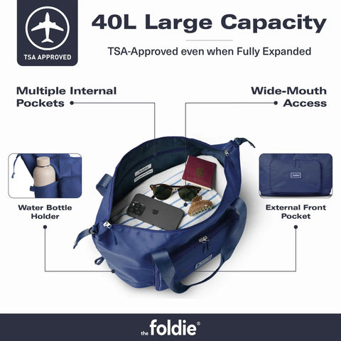 Foldable Travel Tote Bag For Women, 40L Weekender Duffel With Multiple Pockets and Luggage Sleeve, wide-mouth access, navy blue.