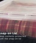 Big Time Seventeen Quart Clear Stackable Storage Bin With Secure Snap Lid For Slick Bedroom Closets Loaded Garages And Wooden Shelving That Gonna Keep Your Setup Tight, showcasing the snap-on lid.