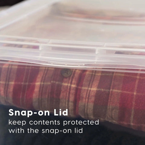 Big Time Seventeen Quart Clear Stackable Storage Bin With Secure Snap Lid For Slick Bedroom Closets Loaded Garages And Wooden Shelving That Gonna Keep Your Setup Tight, showcasing the snap-on lid.
