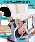 Installation of Extra Strong Double Sided Tape Heavy Duty Removable 10ft Clear Nano Adhesive Wall Tape For Hanging Pics Posters Carpets Photos And Decor With Mega Hold And Clean Removal, showing cleaning, cutting, and application steps.