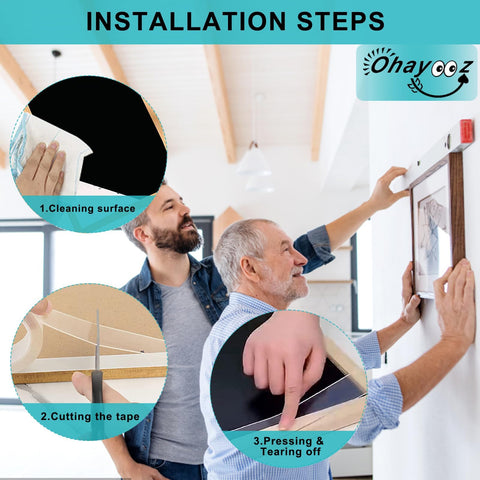 Installation of Extra Strong Double Sided Tape Heavy Duty Removable 10ft Clear Nano Adhesive Wall Tape For Hanging Pics Posters Carpets Photos And Decor With Mega Hold And Clean Removal, showing cleaning, cutting, and application steps.