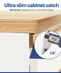 Ultra Thin Magnetic Cabinet Door Catch Set 12 Pack Stainless Steel Adhesive And Screw In Latch installed on cabinet.