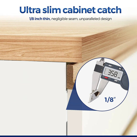 Ultra Thin Magnetic Cabinet Door Catch Set 12 Pack Stainless Steel Adhesive And Screw In Latch installed on cabinet.