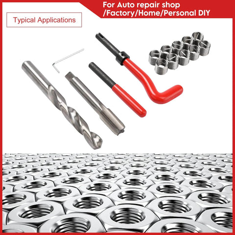 15 Pcs Thread Inserts M14x1.5 Female Thread Repair Kit With Spark Plug Helicoil Set, drill, tap, wrench, and organizer.