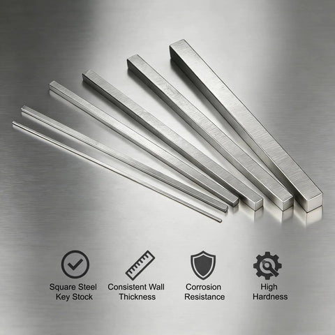 Front view of Awclub square steel key stock bars in various lengths, 1/2 in square cross-section.