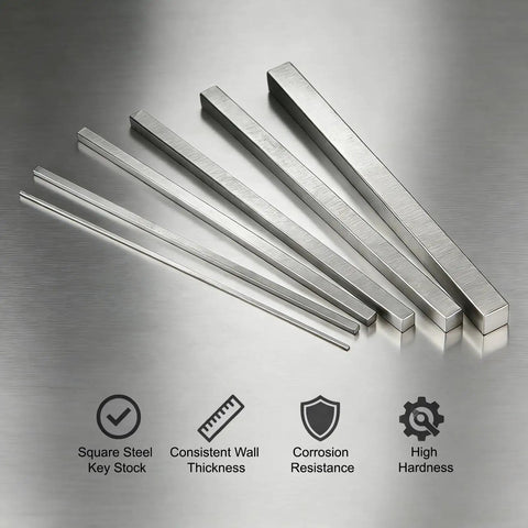 4 Piece Square Key Stock Set 6mm By 6mm By 12 Inch Cold Drawn 45 Steel displayed on metallic surface