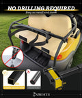 Heavy Duty Golf Cart Bag Holder Upgraded Rear Seat Bracket with no drilling required on a yellow golf cart.