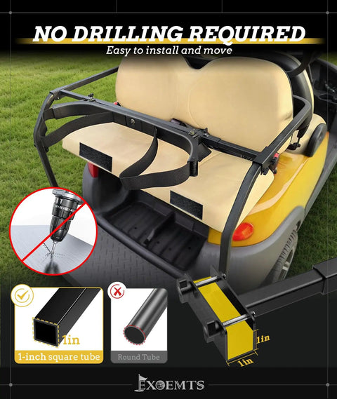 Heavy Duty Golf Cart Bag Holder Upgraded Rear Seat Bracket with no drilling required on a yellow golf cart.