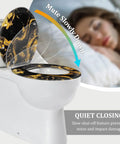 Elongated Resin Toilet Seat for Bathroom with a stylish black and gold design, featuring a quiet closing mechanism.