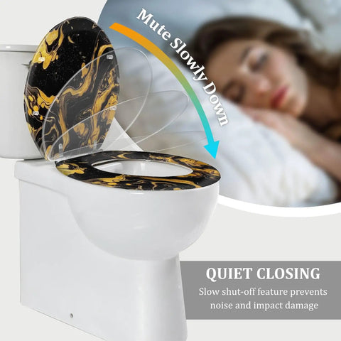 Elongated Resin Toilet Seat for Bathroom with a stylish black and gold design, featuring a quiet closing mechanism.