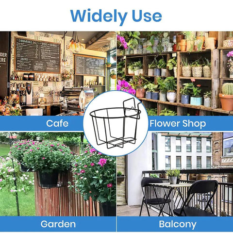 Four images showing the versatility of Three Pack 10 Inch Railing Planters For Balcony Or Porch Hanging Baskets in cafe, garden, flower shop, and balcony settings.