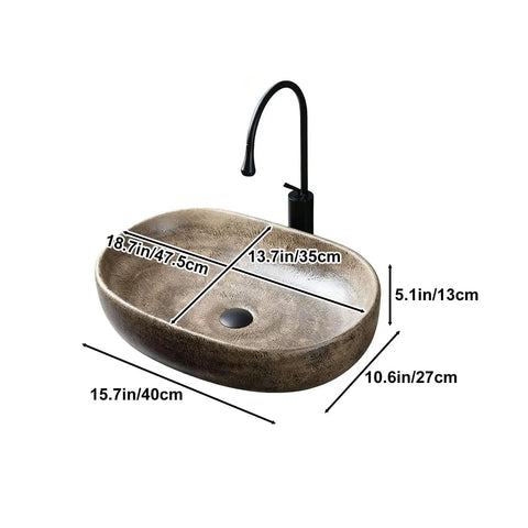 Oval Ceramic Vessel Sink for Bathroom, Retro Modern Above Counter Vanity Sink for Home or Hotel, Stylish Wash Bowl (Multi-colored-Small) with dimensions shown.