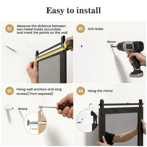 Installation steps for Top Tier Farmhouse Bathroom Mirror With Classic Barn Door Silhouette And Heavy Duty Black Metal Frame.