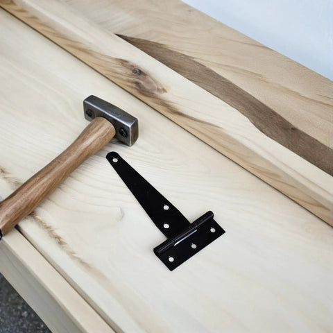 8 Pack Black T Shape Gate Hinges With Screws Zinc Plated T Strap Hinges on wood with hammer, heavy duty outdoor use.