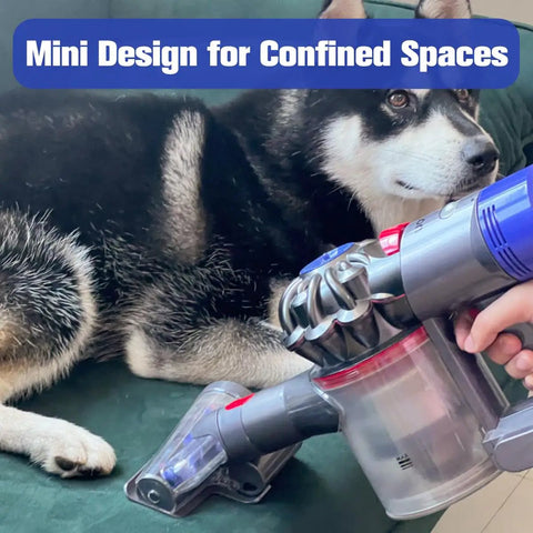 Mini Hair Screw Vacuum Attachment With Anti Tangle Conical Brush for Dyson being used near a dog on a couch for pet hair cleaning.