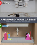 Silicone Under Sink Liner 34 By 22 Inch For Kitchen And Bathroom Cabinet Bases Drip Tray Protector Against Leaks And Spills Gray Mat That Fits 36 Inch Wide Cabinets No Fuss Easy To Clean Moisture Shield For Cabinets in use under sink with cleaning supplies, before and after comparison showing protection against stains and leaks.