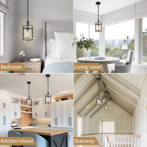 Farmhouse Rustic Pendant Light With Wood And Metal Cage Glass Shade, 43 Inch Adjustable Hanging Light For Kitchen Island Foyer And Hallway, On Point For Flat Or Sloped Ceilings, 2 Pack