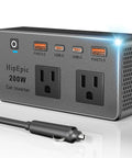 200 Watt Car Power Inverter With 12V DC To 110V Adapter 6 Port Multi Plug showcasing two AC outlets and USB ports for fast charging.