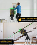 Ultra Precise 4x360 Degrees Self Leveling Laser Level Kit With Tripod showing green cross line for accurate alignment indoors.