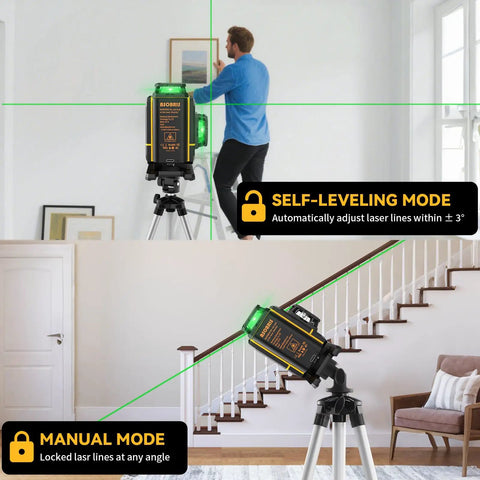 Ultra Precise 4x360 Degrees Self Leveling Laser Level Kit With Tripod showing green cross line for accurate alignment indoors.