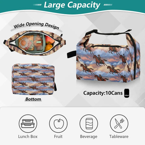 Cowboy Rides A Horse Across The Desert Insulated Lunch Bag showcasing wide opening design, 9.4x6.7x9.8 inch capacity