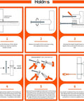 Illustration of mounting instructions for handles, showing measuring steps and tool positioning for cabinet installation.