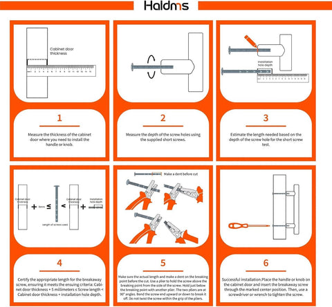 Illustration of mounting instructions for handles, showing measuring steps and tool positioning for cabinet installation.