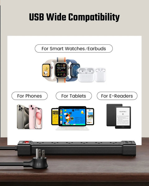 Six Outlet Surge Protector With Four USB Ports And Flat Plug Extension Cord Wall Mount Power Strip for charging devices
