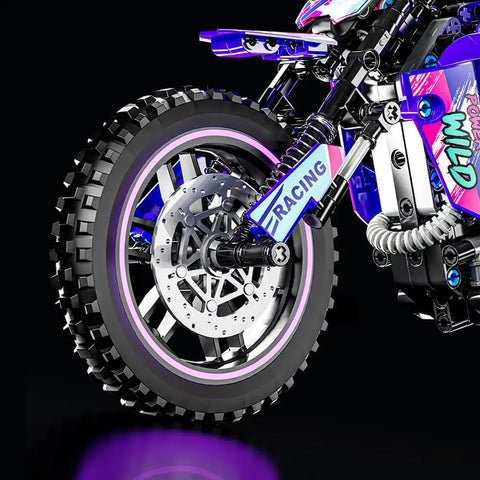Close-up of motorcycle wheel detail from Motorcycle Building Block Set With 476 Pieces, Epic Collectible Display Model