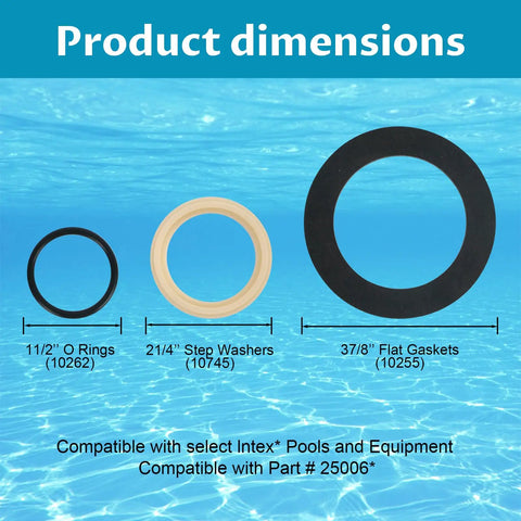 Pool Plunger Valve Gasket Kit for Intex 10747 Replacement Seals O Ring Washer Set with product dimensions shown.