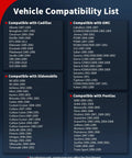 Vehicle compatibility list infographic showing Cadillac, GMC, Oldsmobile, and Pontiac model years.