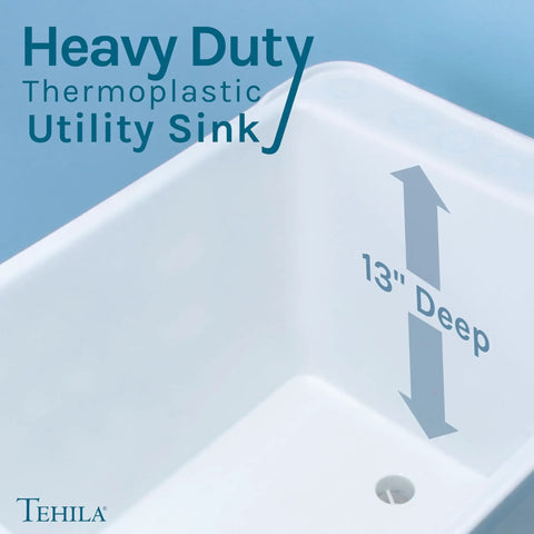 Must Have Space Saving Utility Sink Kit With White 16 Gallon Thermoplastic Tub showing 13 inch depth measurement