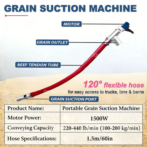 Powerful Electric Grain Conveyor With 60 Inch Hose, 1500W Motor, showing components and specs for grain powder and cement suction.