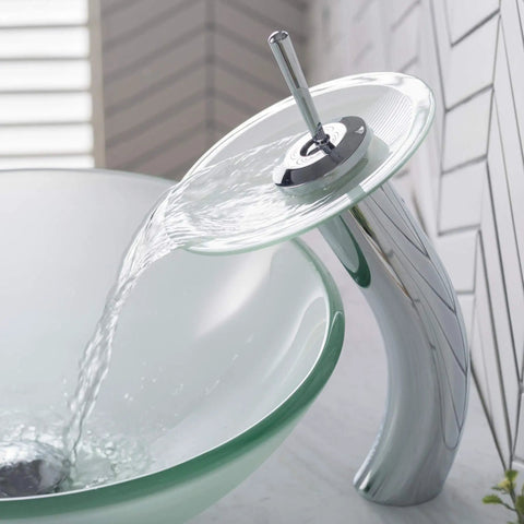 Tall Waterfall Vessel Sink Faucet With Frosted Glass Disk In Chrome Finish A Modern Bathroom Centerpiece That Pops Your Decor