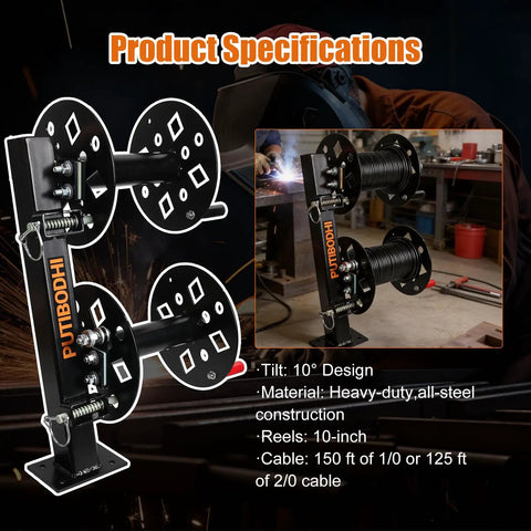 Beefy Heavy Duty Dual Welding Cable Reel With 10 Degree Tilting Base, Holds 150 Ft Of 1/0 Or 125 Ft Of 2/0 Cable, All Steel Construction