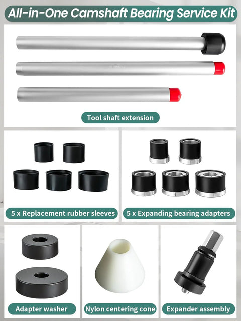 Punmew camshaft bearing service kit with shaft extension and 1-1/8–2-2/3 in adapters; includes sleeves and adapters.