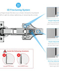 2 Pack 175 Degree Soft Close Hinges For Corner Cabinets With Clip On Plates showing 3D fine-tuning system and adjustment features.