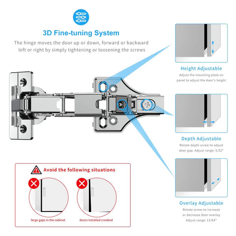 2 Pack 175 Degree Soft Close Hinges For Corner Cabinets With Clip On Plates showing 3D fine-tuning system and adjustment features.