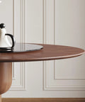 High Grade Oak Wabi Sabi Round Dining Table With 35 Inch Tempered Glass Lazy Susan And Walnut Detail, close-up of wooden edge.