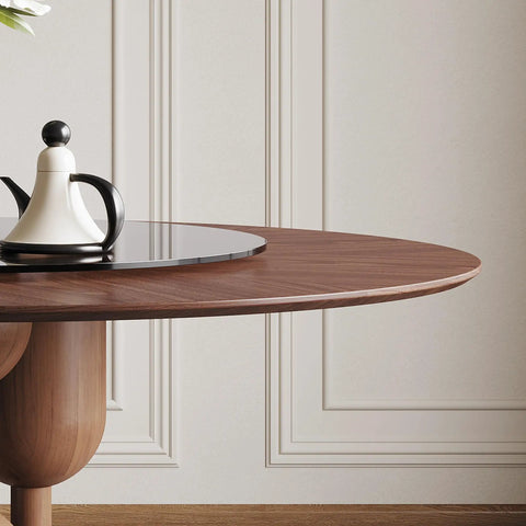 High Grade Oak Wabi Sabi Round Dining Table With 35 Inch Tempered Glass Lazy Susan And Walnut Detail, close-up of wooden edge.