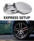 Set Of Four Sleek Silver Wheel Hub Center Caps With A Dead Snap Fit That Shuts Out Rain And Road Grit To Beat Rust On Those Exposed Bolts While Keeping Your Rim Setup Looking Fresh All Season Long, showing metallic finish and installation design.